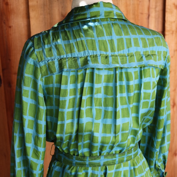 Vintage I. Magnan 100% Silk Green & Blue Geometric Square Shirt Dress - Picture 11 of 17